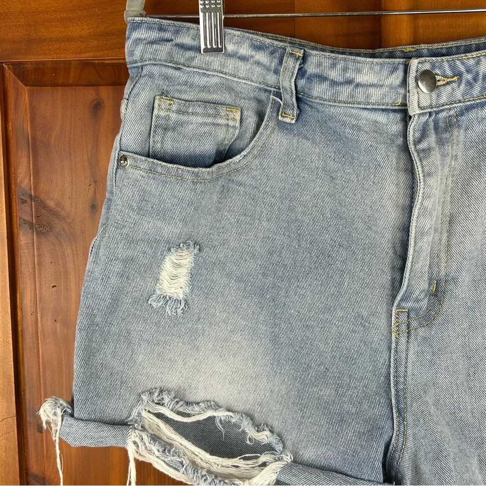 PRETTY LITTLE THING Distressed Denim Blue High Waist Shorts Festival Hippie